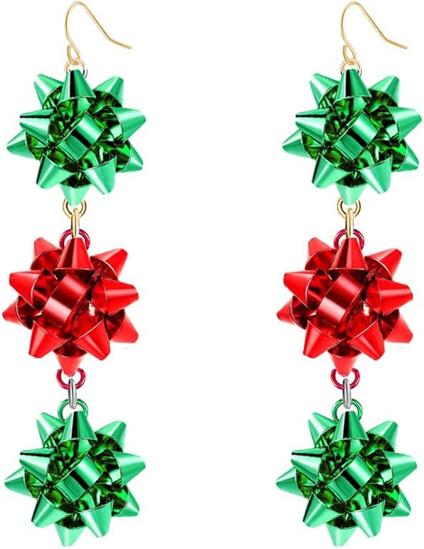 Christmas Bow Earrings Holiday Xmas Bow Earrings for Women Red Green White Bow Drop Dangle Earrings Triple Bow Earring Jewelry - 我的商店我的商店我的商店