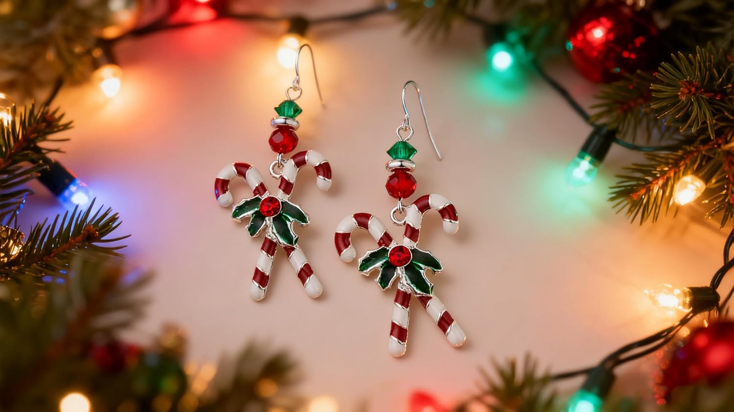 Christmas Candy Crutches Earrings for Women, Celebration Decoration Dangle Earrings, Red and White Oil Drop Crutches with a Delicate Ilex Earrings, Christmas Gift for Women - 我的商店我的商店我的商店