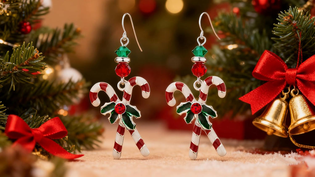 Christmas Candy Crutches Earrings for Women, Celebration Decoration Dangle Earrings, Red and White Oil Drop Crutches with a Delicate Ilex Earrings, Christmas Gift for Women - 我的商店我的商店我的商店