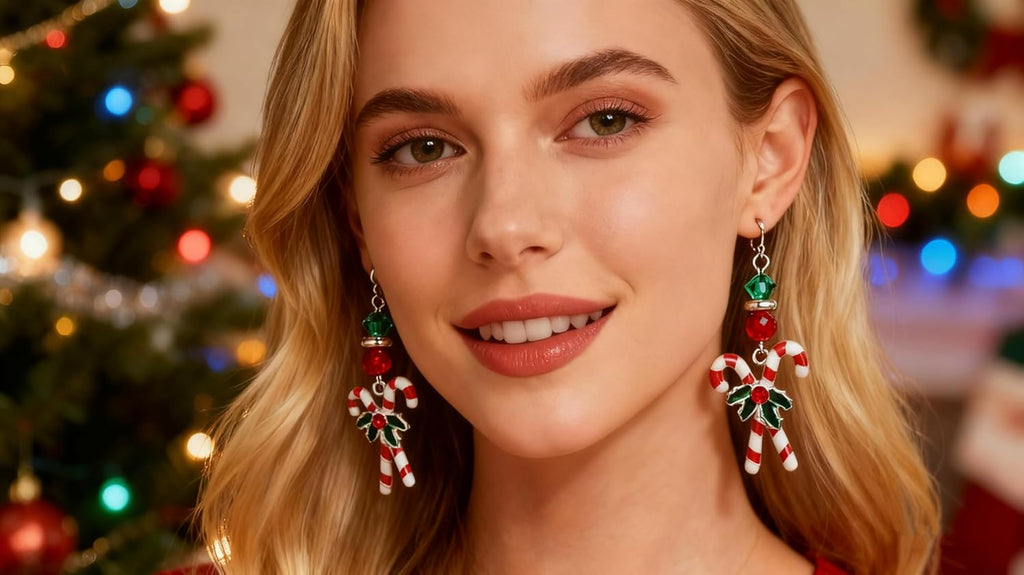 Christmas Candy Crutches Earrings for Women, Celebration Decoration Dangle Earrings, Red and White Oil Drop Crutches with a Delicate Ilex Earrings, Christmas Gift for Women - 我的商店我的商店我的商店