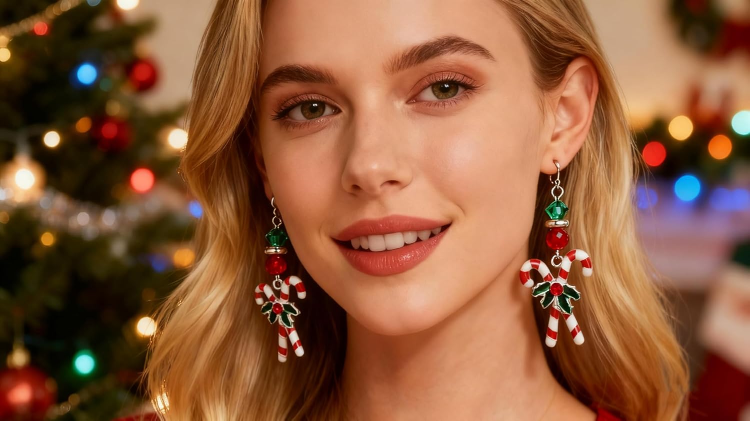 Christmas Candy Crutches Earrings for Women, Celebration Decoration Dangle Earrings, Red and White Oil Drop Crutches with a Delicate Ilex Earrings, Christmas Gift for Women - 我的商店我的商店我的商店