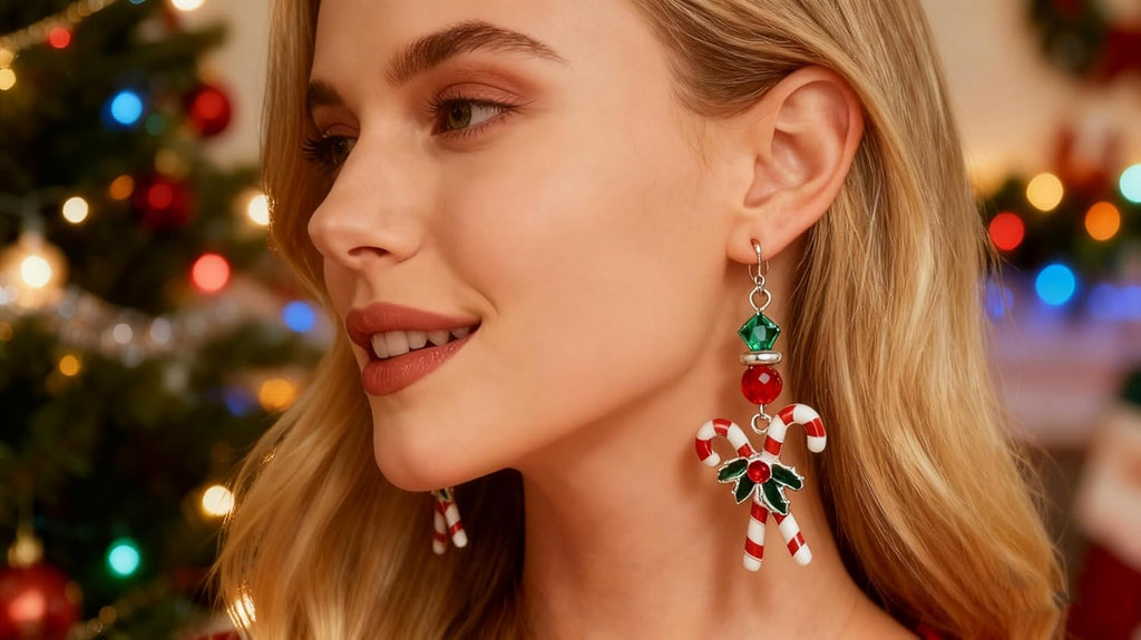 Christmas Candy Crutches Earrings for Women, Celebration Decoration Dangle Earrings, Red and White Oil Drop Crutches with a Delicate Ilex Earrings, Christmas Gift for Women - 我的商店我的商店我的商店