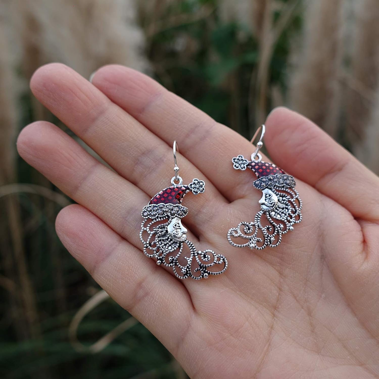 Christmas Crescent Half Moon Santa Piercing Dangle Earrings Silver Plated Alloy Holiday Jewelry For Women - 我的商店我的商店我的商店