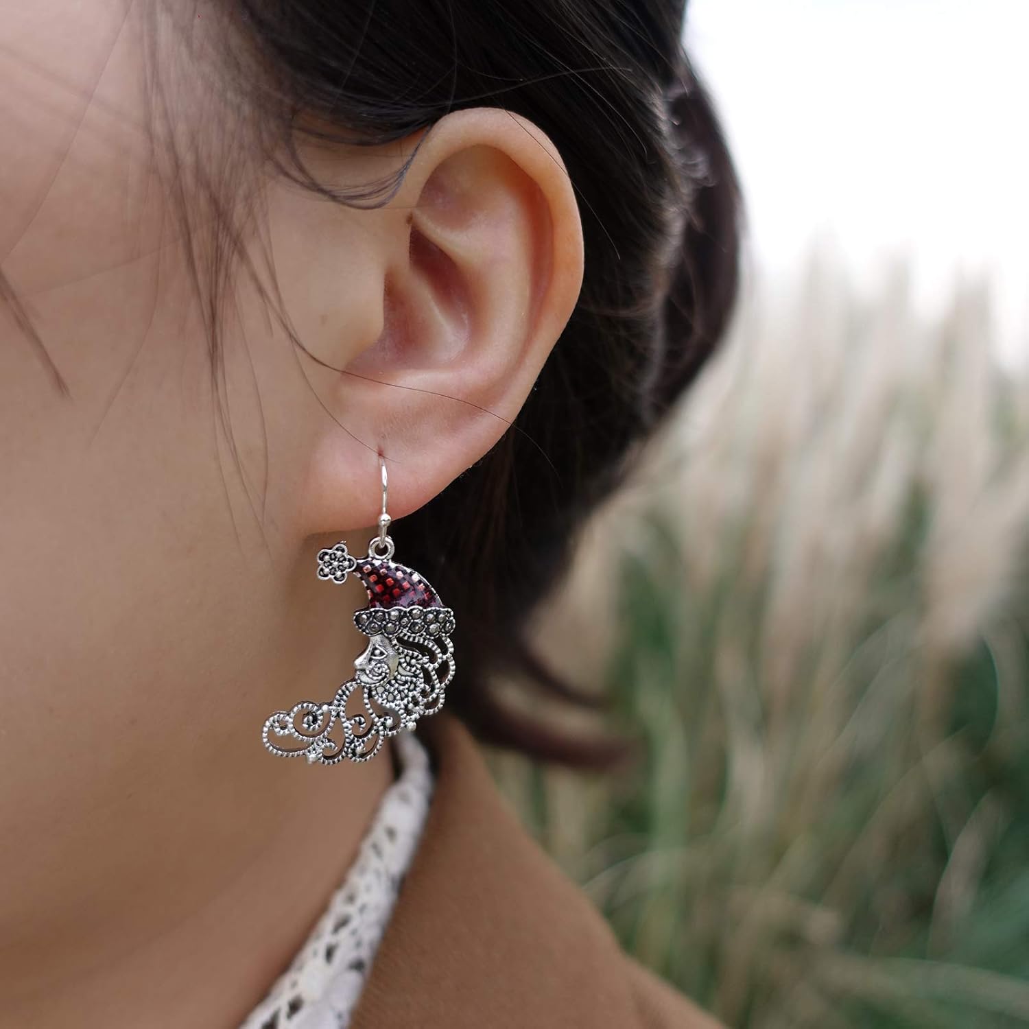 Christmas Crescent Half Moon Santa Piercing Dangle Earrings Silver Plated Alloy Holiday Jewelry For Women - 我的商店我的商店我的商店