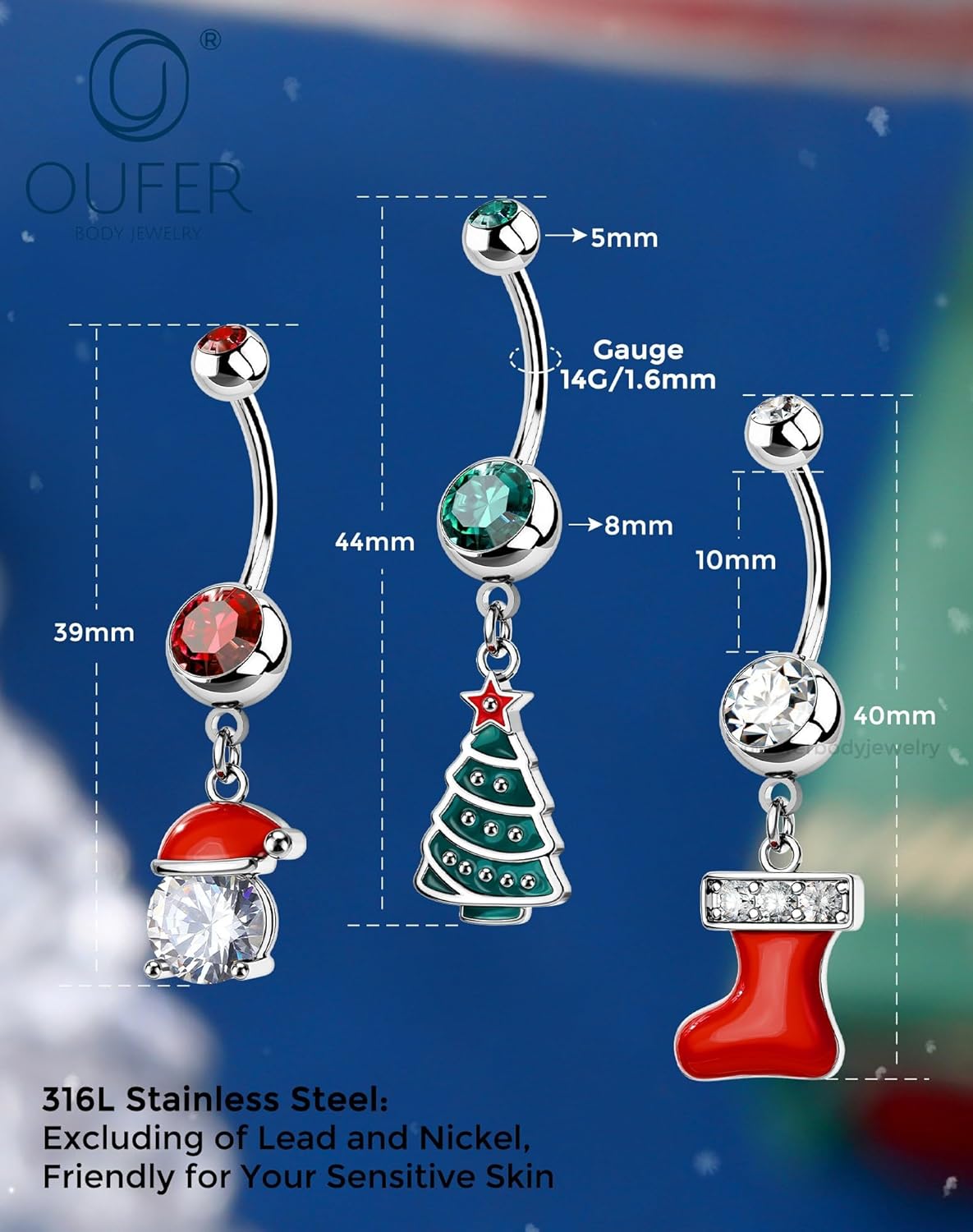Christmas Dangle Belly Button Rings, 3Pcs Belly Rings for Women, 14g Xmas Tree Stockings Navel Piercing Jewelry, Christmas Hat Curved Navel Barbell - 我的商店我的商店我的商店