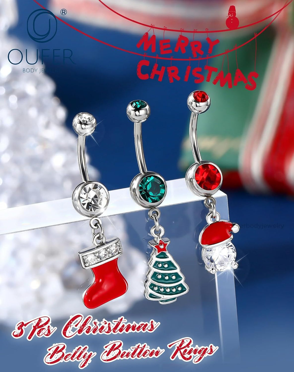 Christmas Dangle Belly Button Rings, 3Pcs Belly Rings for Women, 14g Xmas Tree Stockings Navel Piercing Jewelry, Christmas Hat Curved Navel Barbell - 我的商店我的商店我的商店