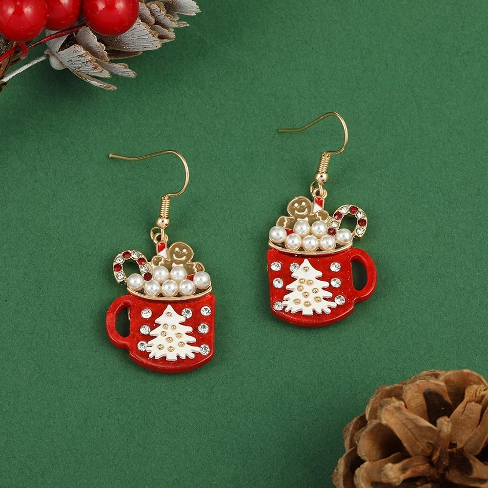 Christmas Dangle Earrings for Women|Xmas Tree Cup Bear Gingerbread Man Santa Claus Wreath Earrings for Women | Festive Gifts Holiday Accessory - 我的商店我的商店我的商店