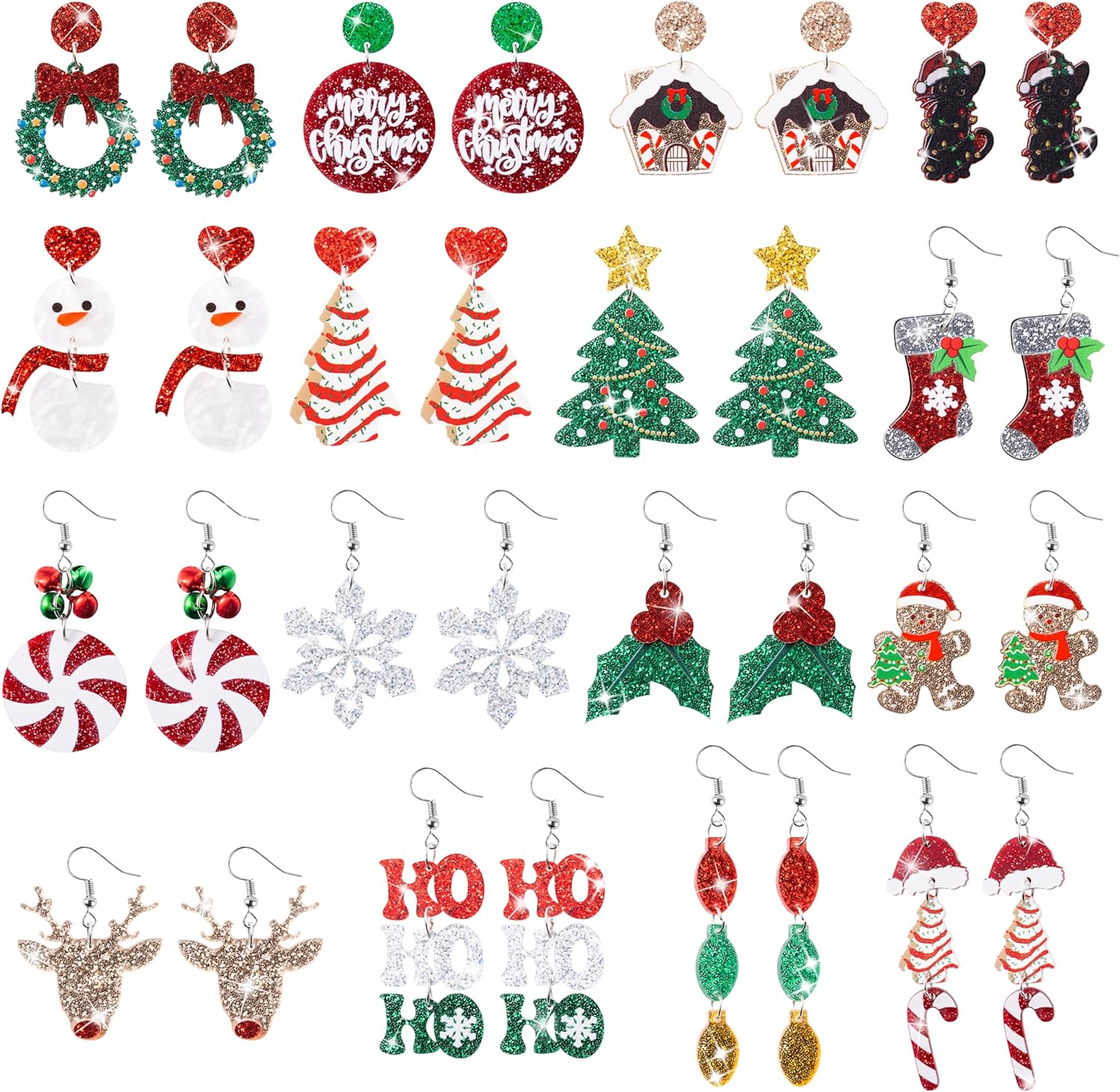 Christmas Earrings for Women - 16 Pairs Christmas Tree Santa Gingerbread Snowflake Wreath Black Cat Elk Xmas Acrylic - 我的商店我的商店我的商店