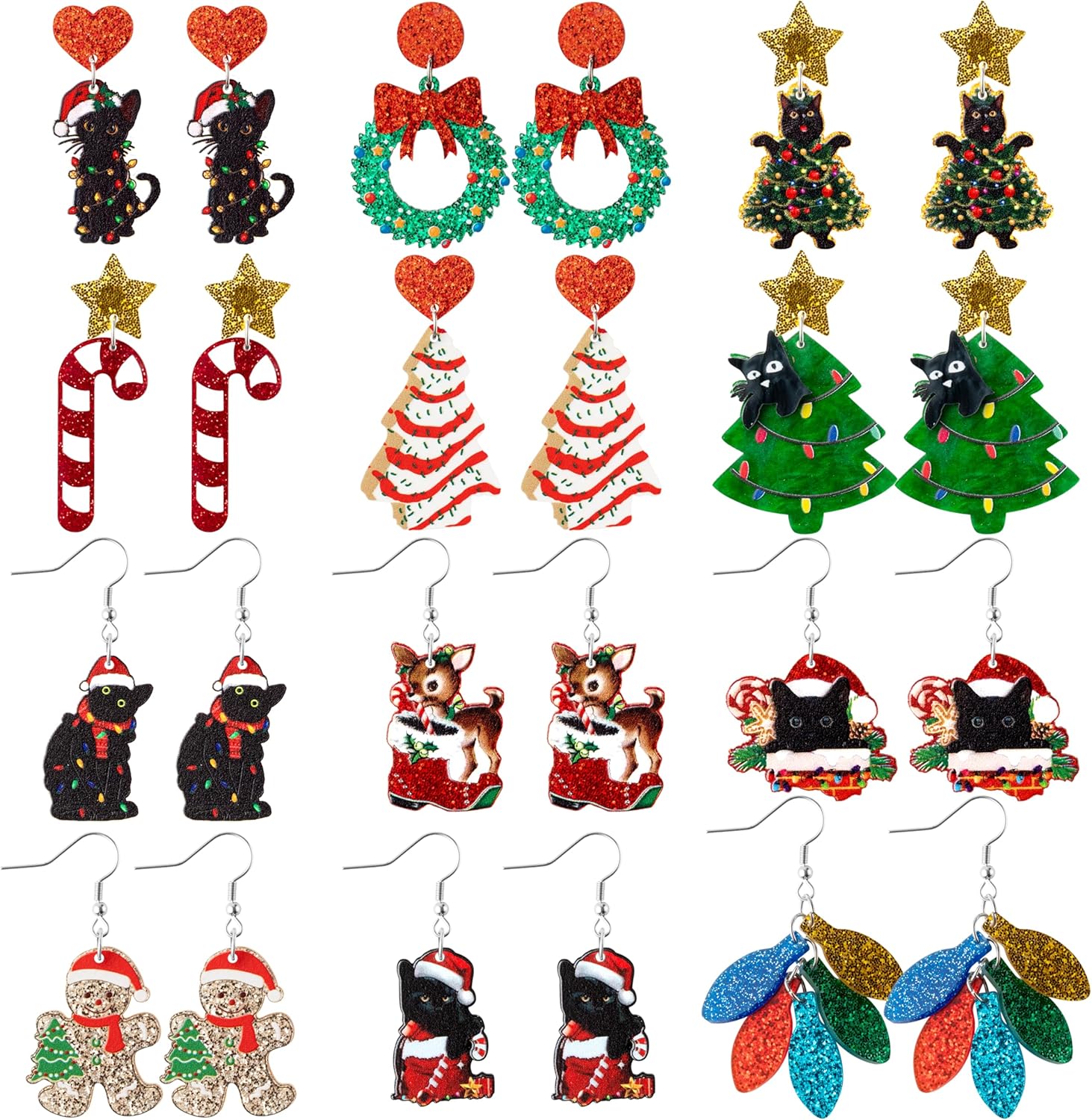 Christmas Earrings for Women - 16 Pairs Christmas Tree Santa Gingerbread Snowflake Wreath Black Cat Elk Xmas Acrylic - 我的商店我的商店我的商店
