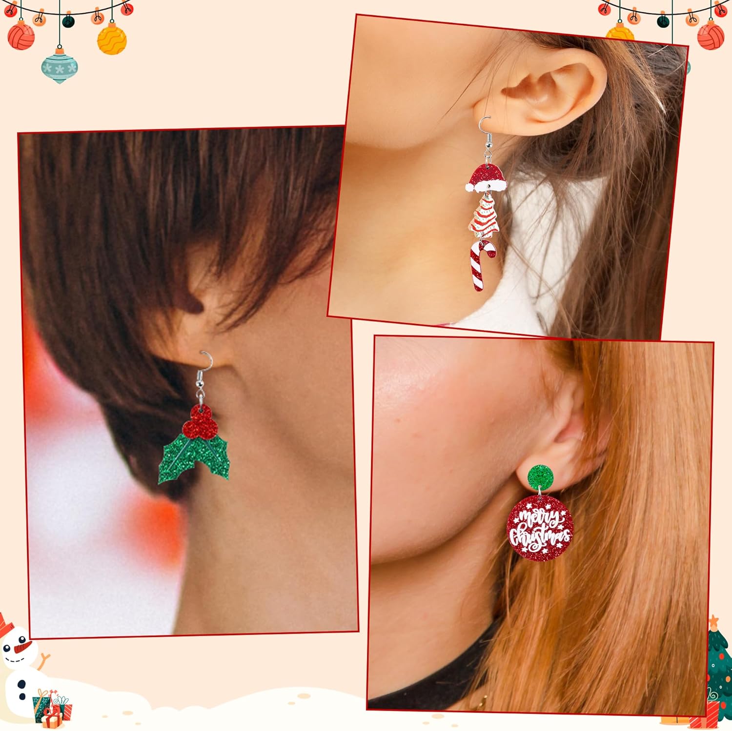 Christmas Earrings for Women - 16 Pairs Christmas Tree Santa Gingerbread Snowflake Wreath Black Cat Elk Xmas Acrylic - 我的商店我的商店我的商店