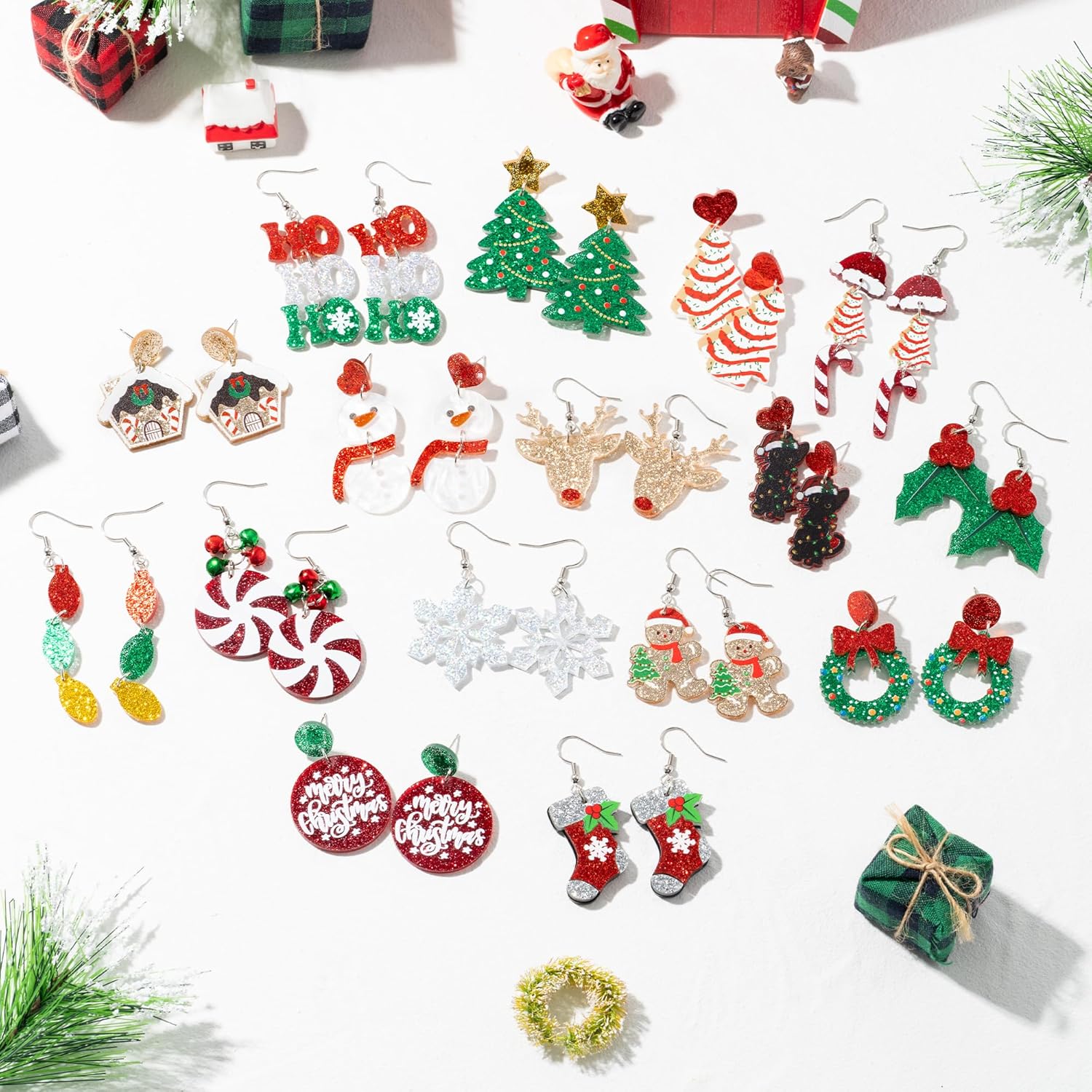 Christmas Earrings for Women - 16 Pairs Christmas Tree Santa Gingerbread Snowflake Wreath Black Cat Elk Xmas Acrylic - 我的商店我的商店我的商店