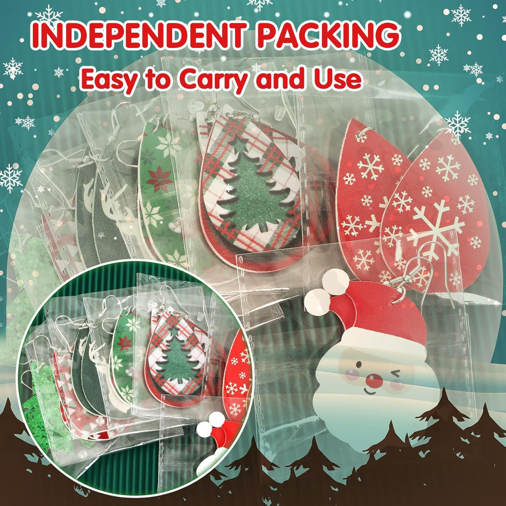 Christmas Earrings for Women, 9 Pairs Christmas Faux Leather Earrings Lightweight Leaf Long Dangle Earrings Teardrop Earrings for Christmas - 我的商店我的商店我的商店