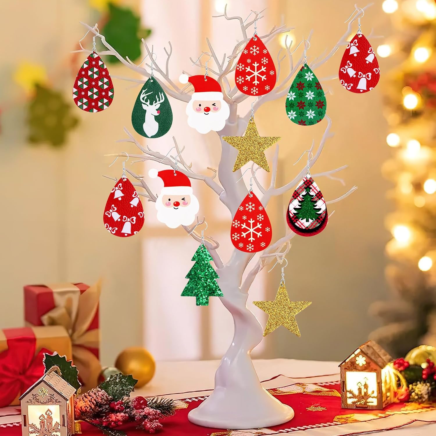 Christmas Earrings for Women, 9 Pairs Christmas Faux Leather Earrings Lightweight Leaf Long Dangle Earrings Teardrop Earrings for Christmas - 我的商店我的商店我的商店