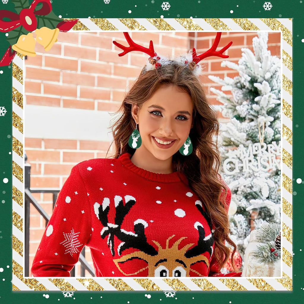 Christmas Earrings for Women, 9 Pairs Christmas Faux Leather Earrings Lightweight Leaf Long Dangle Earrings Teardrop Earrings for Christmas - 我的商店我的商店我的商店