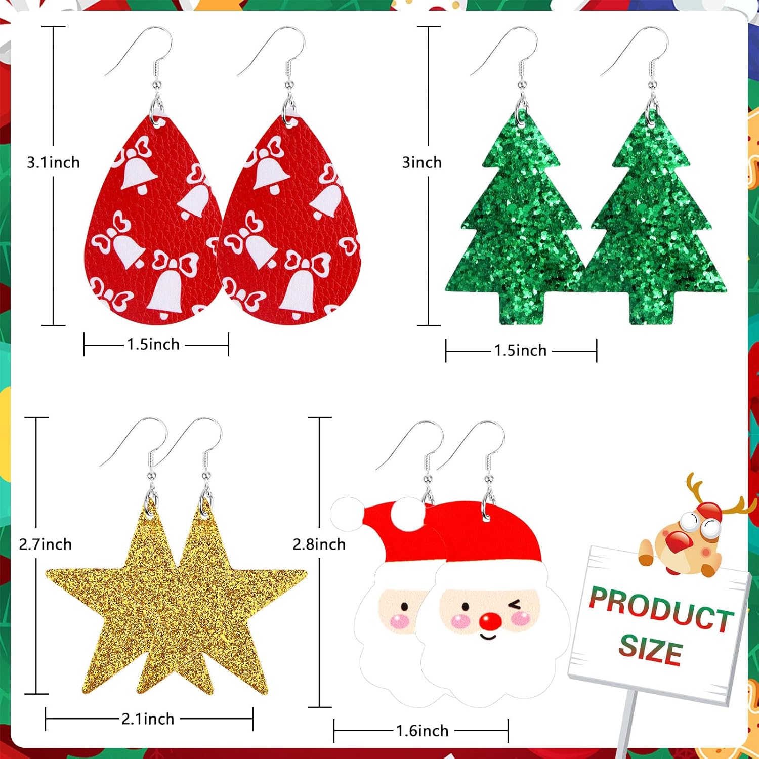 Christmas Earrings for Women, 9 Pairs Christmas Faux Leather Earrings Lightweight Leaf Long Dangle Earrings Teardrop Earrings for Christmas - 我的商店我的商店我的商店