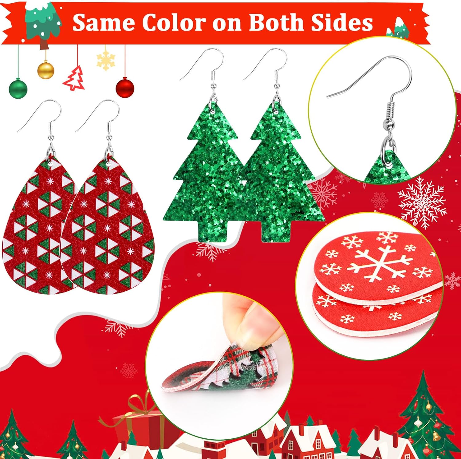 Christmas Earrings for Women, 9 Pairs Christmas Faux Leather Earrings Lightweight Leaf Long Dangle Earrings Teardrop Earrings for Christmas - 我的商店我的商店我的商店