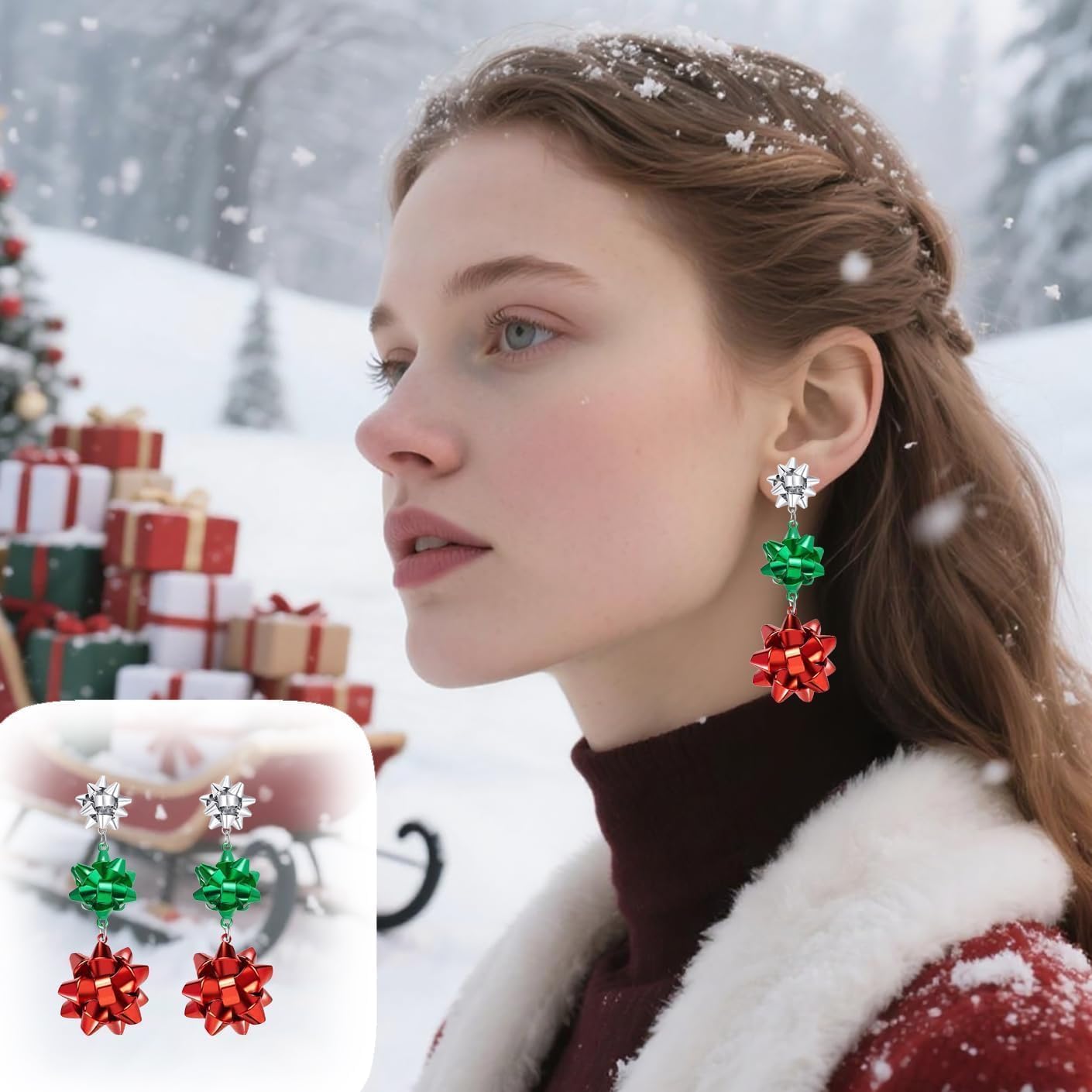 Christmas Earrings for Women - Festive Xmas Bowknot Stud Earrings with Silver/Green/Red Holiday Design Christmas Jewelry - 我的商店我的商店我的商店