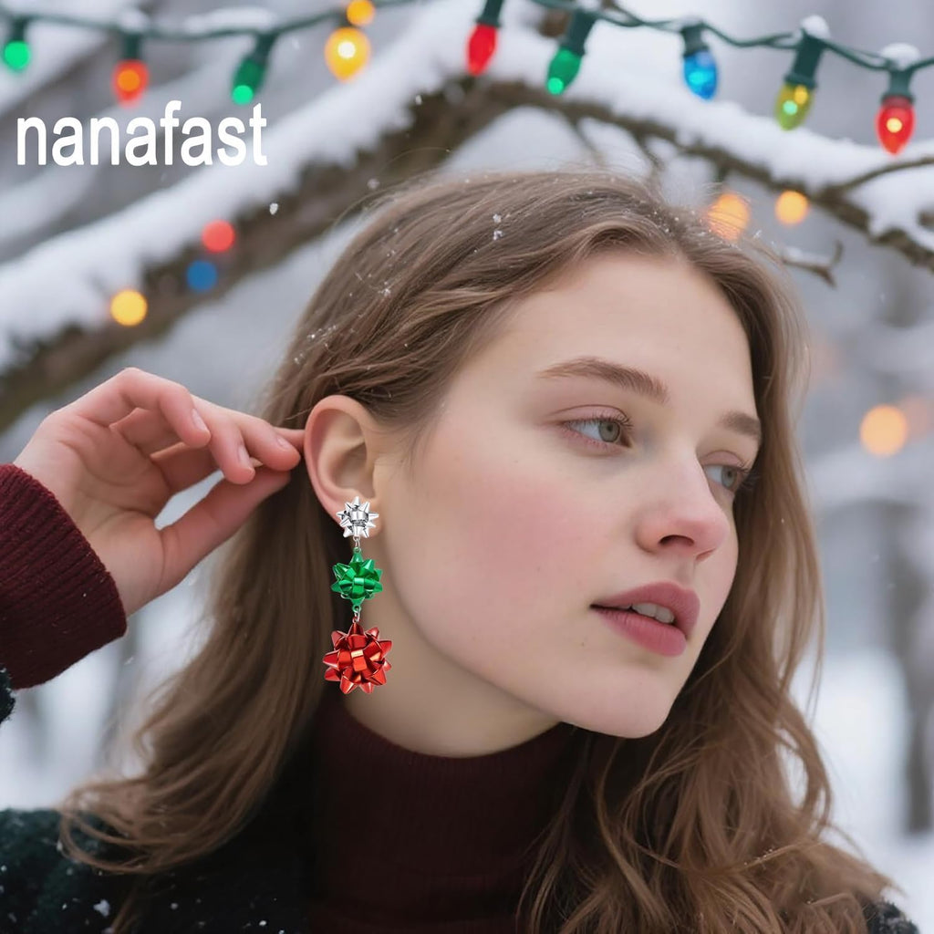 Christmas Earrings for Women - Festive Xmas Bowknot Stud Earrings with Silver/Green/Red Holiday Design Christmas Jewelry - 我的商店我的商店我的商店
