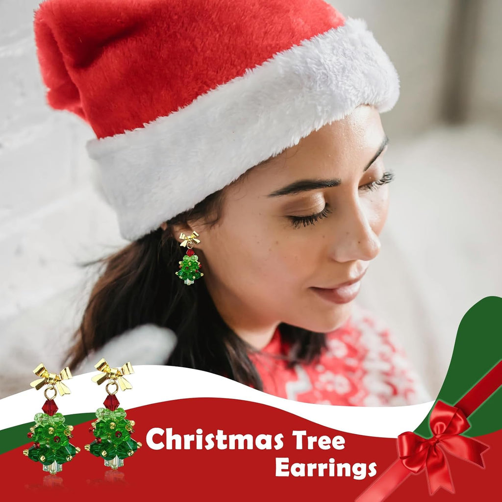 Christmas Earrings for Women Handmade Beaded Green Christmas Tree Dangle Earrings Cute Bow Xmas Tree Earrings Jewelry for Festival New Year Party - QIAO Crystal我的商店QIAO Crystal