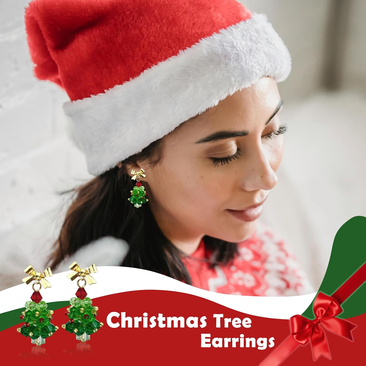 Christmas Earrings for Women Handmade Beaded Green Christmas Tree Dangle Earrings Cute Bow Xmas Tree Earrings Jewelry for Festival New Year Party - QIAO Crystal我的商店QIAO Crystal