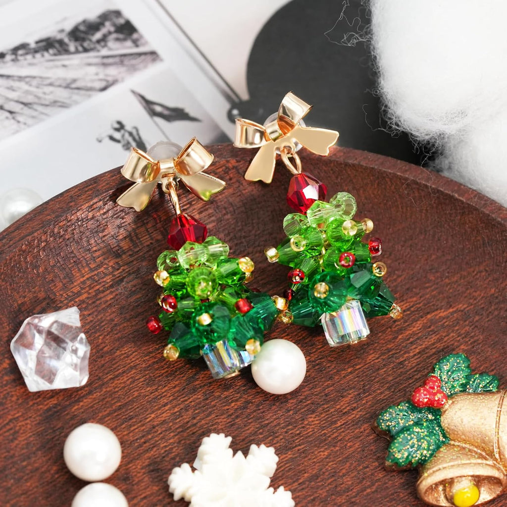 Christmas Earrings for Women Handmade Beaded Green Christmas Tree Dangle Earrings Cute Bow Xmas Tree Earrings Jewelry for Festival New Year Party - QIAO Crystal我的商店QIAO Crystal