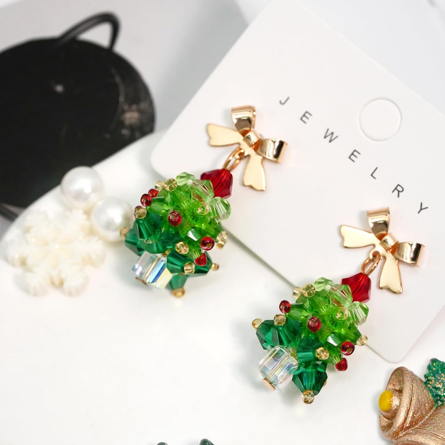Christmas Earrings for Women Handmade Beaded Green Christmas Tree Dangle Earrings Cute Bow Xmas Tree Earrings Jewelry for Festival New Year Party - QIAO Crystal我的商店QIAO Crystal