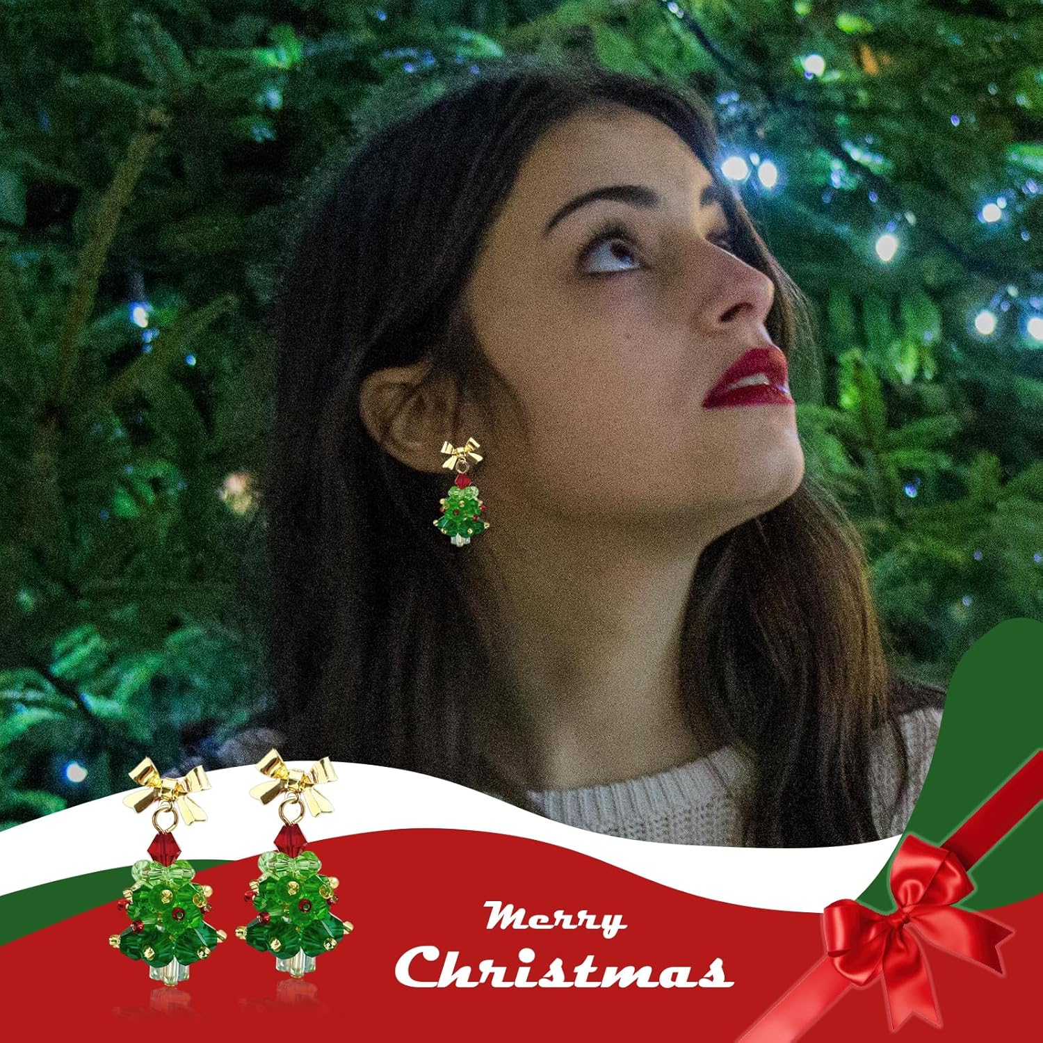 Christmas Earrings for Women Handmade Beaded Green Christmas Tree Dangle Earrings Cute Bow Xmas Tree Earrings Jewelry for Festival New Year Party - QIAO Crystal我的商店QIAO Crystal