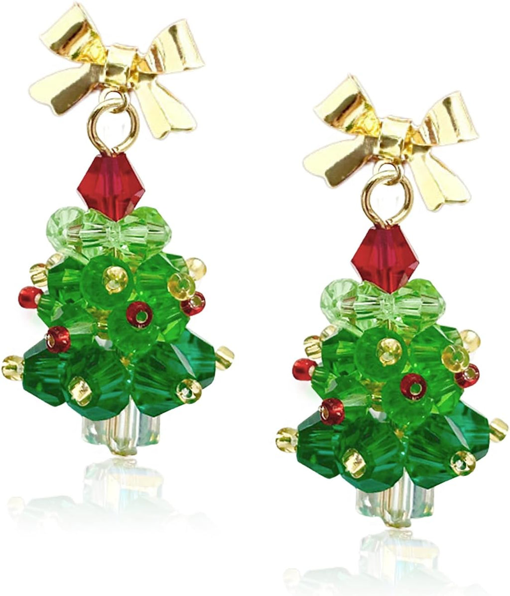 Christmas Earrings for Women Handmade Beaded Green Christmas Tree Dangle Earrings Cute Bow Xmas Tree Earrings Jewelry for Festival New Year Party - QIAO Crystal我的商店QIAO Crystal