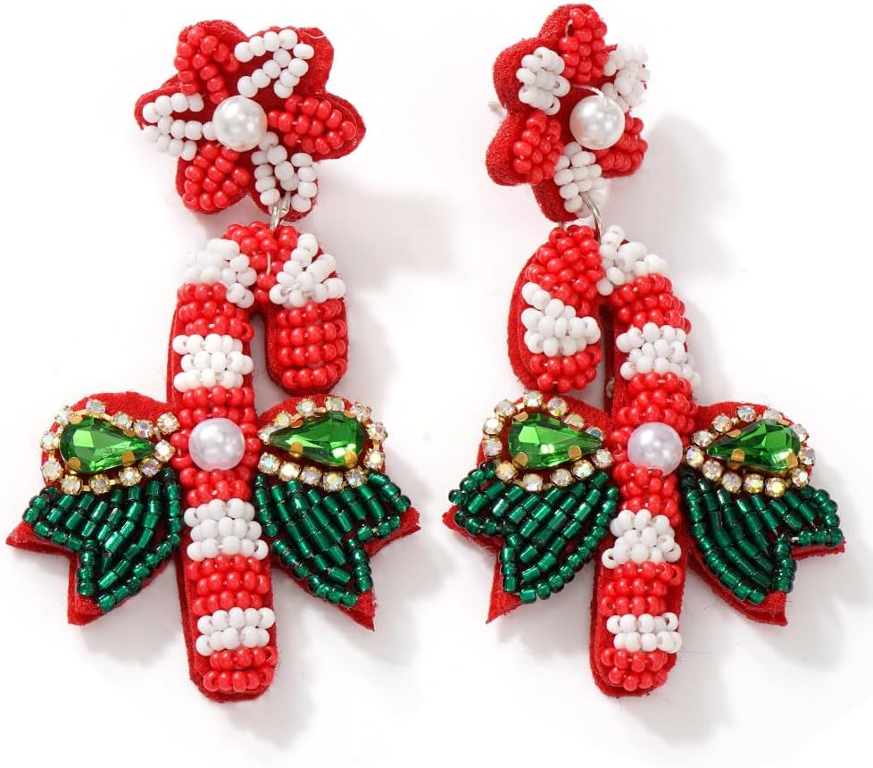 Christmas Earrings for Women Handmade Cute Holiday Beaded Drop Dangle Xmas Earrings Colorful Seed Beaded Red Bow Candy Cane Festive Green Christmas Tree Jewelry Accessories Gifts - 我的商店我的商店我的商店
