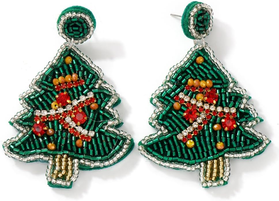 Christmas Earrings for Women Handmade Cute Holiday Beaded Drop Dangle Xmas Earrings Colorful Seed Beaded Red Bow Candy Cane Festive Green Christmas Tree Jewelry Accessories Gifts - 我的商店我的商店我的商店