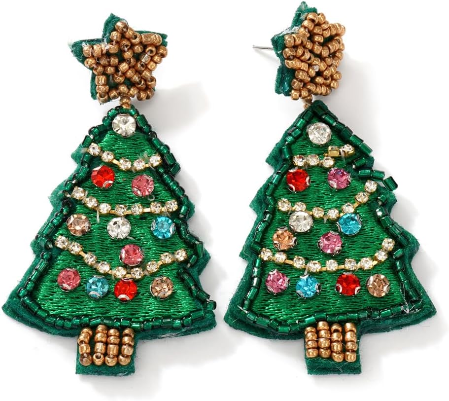 Christmas Earrings for Women Handmade Cute Holiday Beaded Drop Dangle Xmas Earrings Colorful Seed Beaded Red Bow Candy Cane Festive Green Christmas Tree Jewelry Accessories Gifts - 我的商店我的商店我的商店