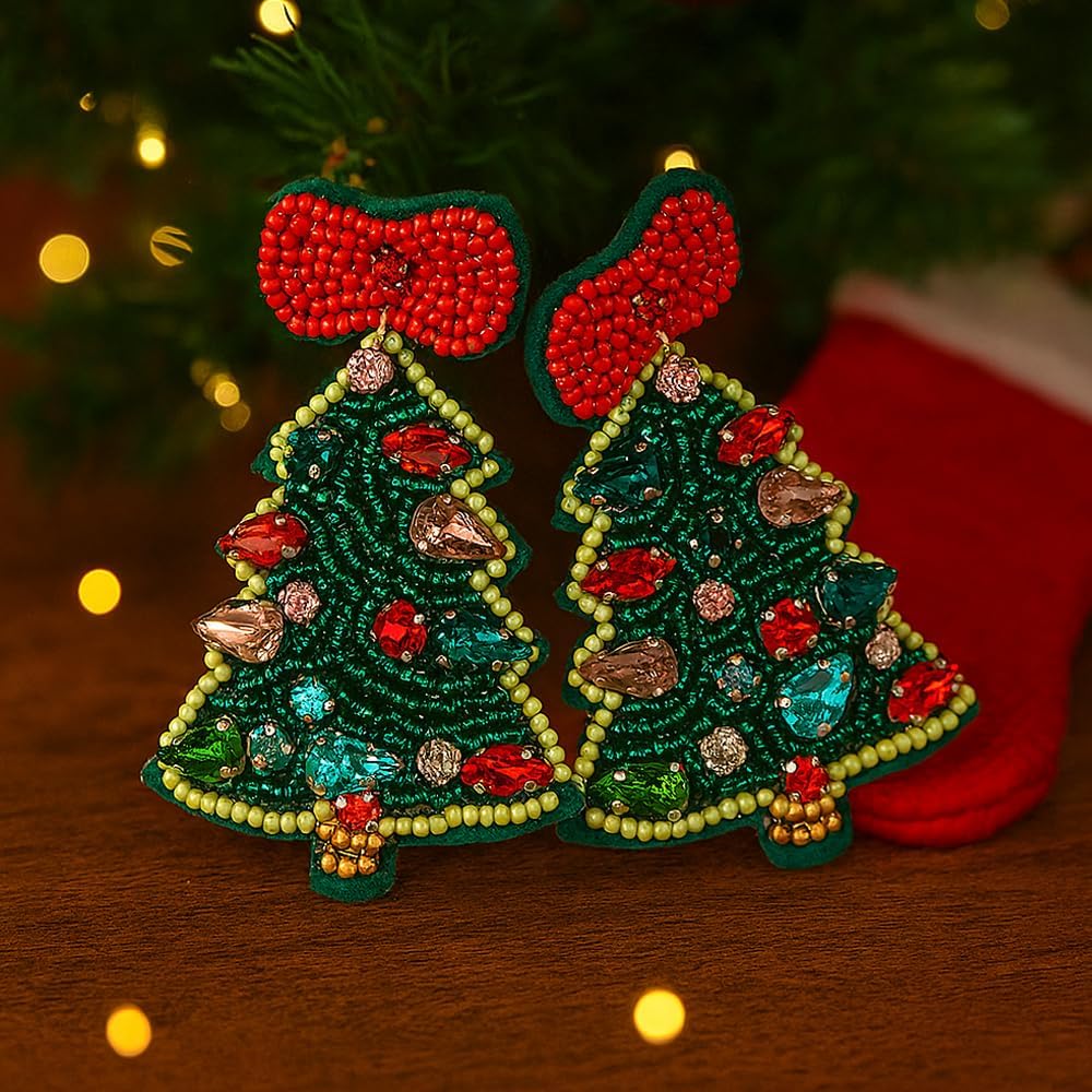 Christmas Earrings for Women Handmade Cute Holiday Beaded Drop Dangle Xmas Earrings Colorful Seed Beaded Red Bow Candy Cane Festive Green Christmas Tree Jewelry Accessories Gifts - 我的商店我的商店我的商店