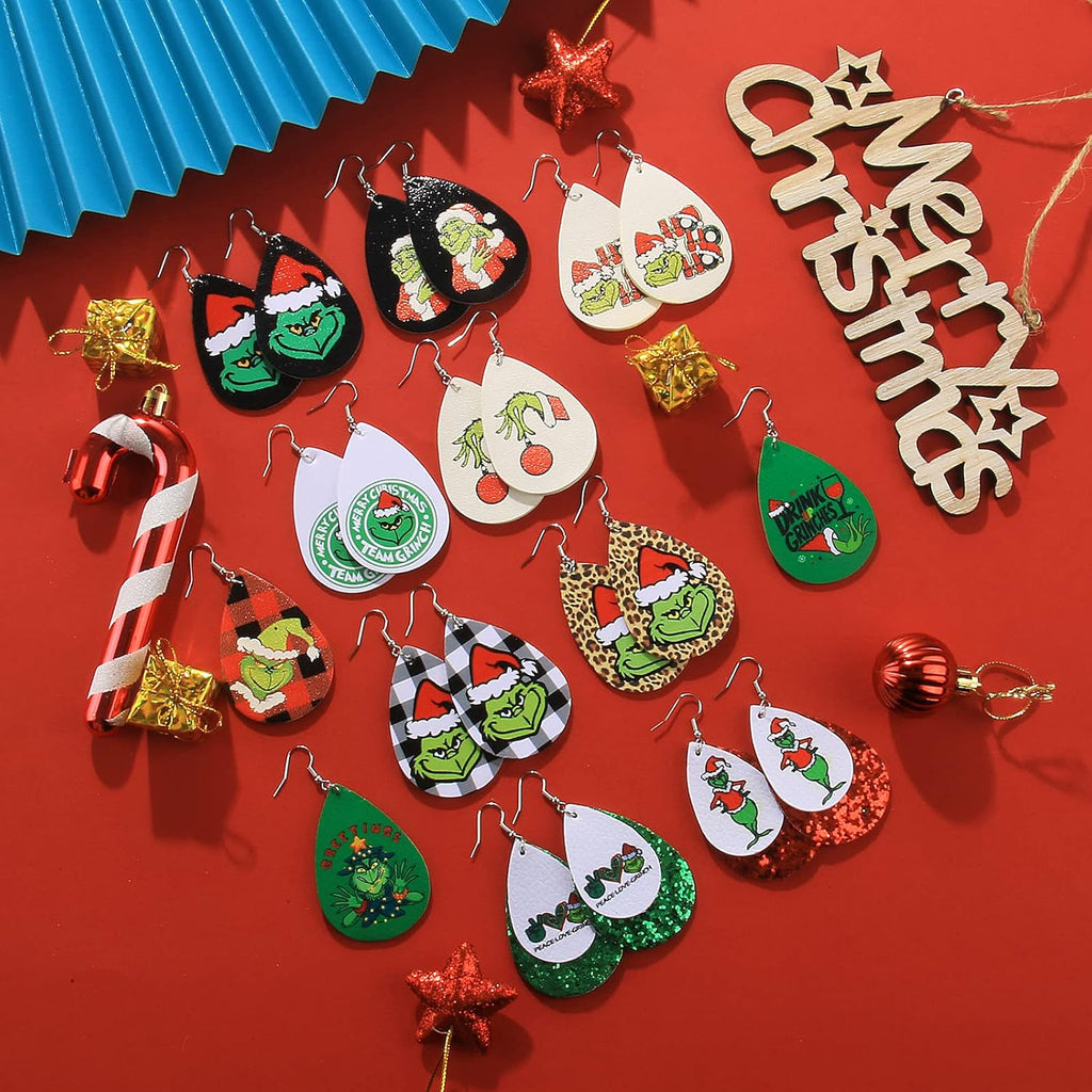 Christmas Earrings for Women Handmade Teardrop Dangle Faux Leather Earrings Christmas Decorations Bulk Xmas New Year Party Earrings Set Winter Holiday Jewelry Gift - 我的商店我的商店我的商店