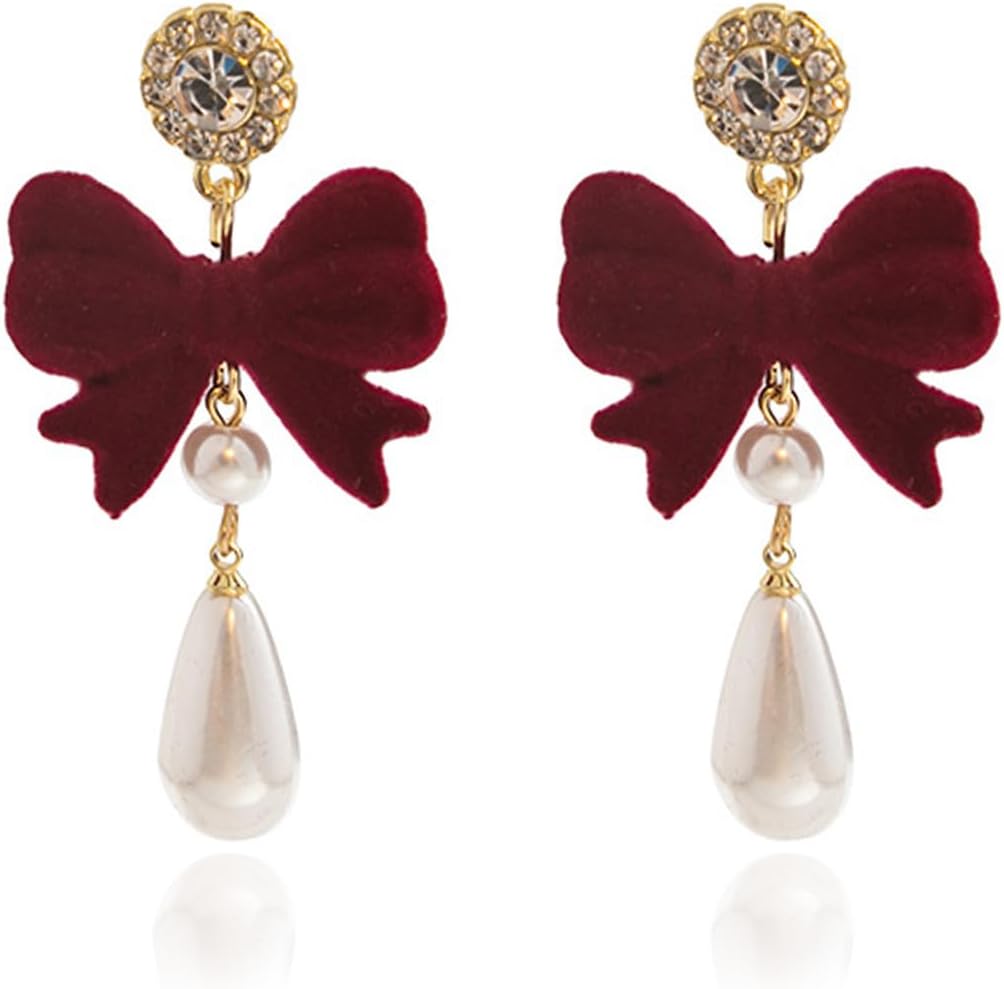 Christmas Earrings For Women Pearl Bow Earrings Xmas Jewelry Holiday Outfits Stocking Stuffers Christmas 2025 Holiday Accessories - 我的商店我的商店我的商店