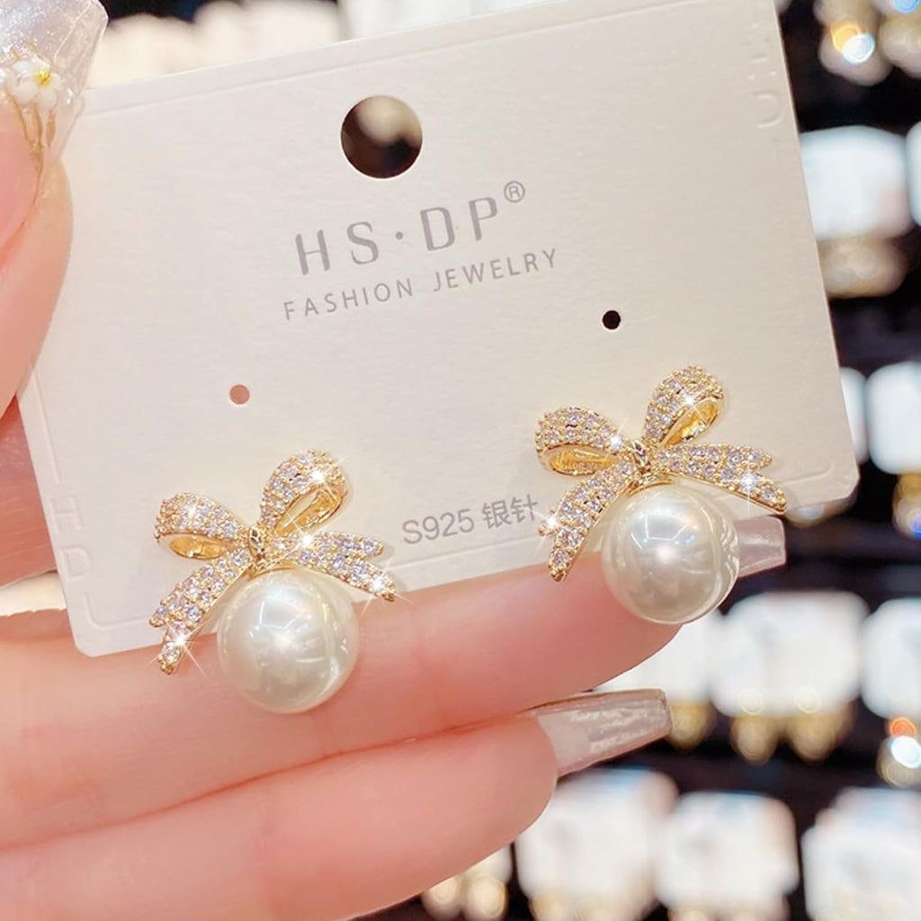 Christmas Earrings For Women Pearl Bow Earrings Xmas Jewelry Holiday Outfits Stocking Stuffers Christmas 2025 Holiday Accessories - 我的商店我的商店我的商店