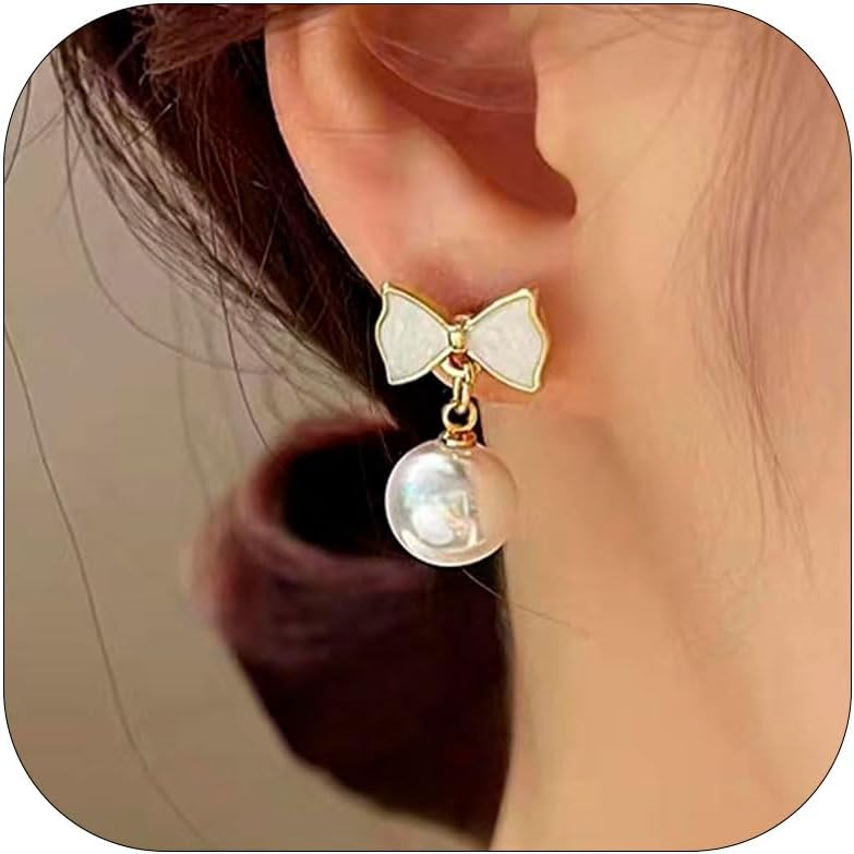 Christmas Earrings For Women Pearl Bow Earrings Xmas Jewelry Holiday Outfits Stocking Stuffers Christmas 2025 Holiday Accessories - 我的商店我的商店我的商店