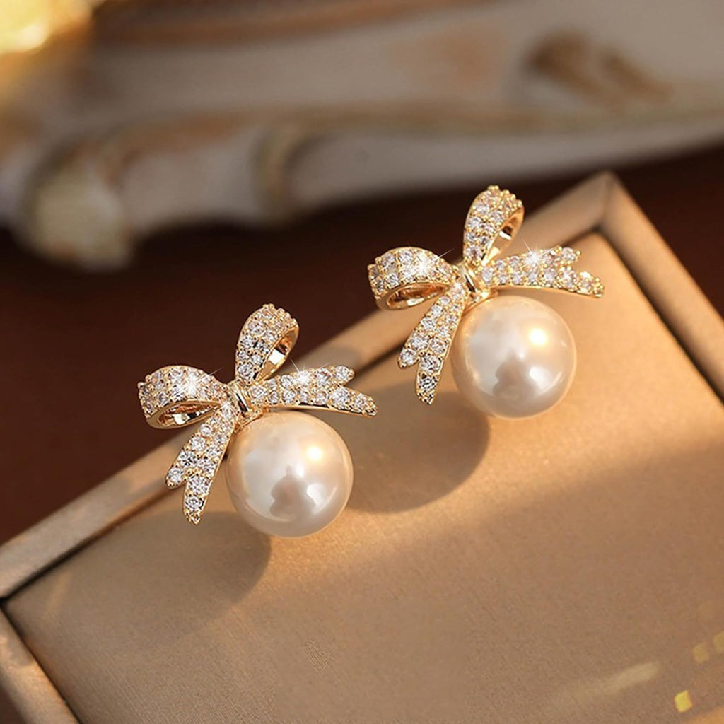 Christmas Earrings For Women Pearl Bow Earrings Xmas Jewelry Holiday Outfits Stocking Stuffers Christmas 2025 Holiday Accessories - 我的商店我的商店我的商店