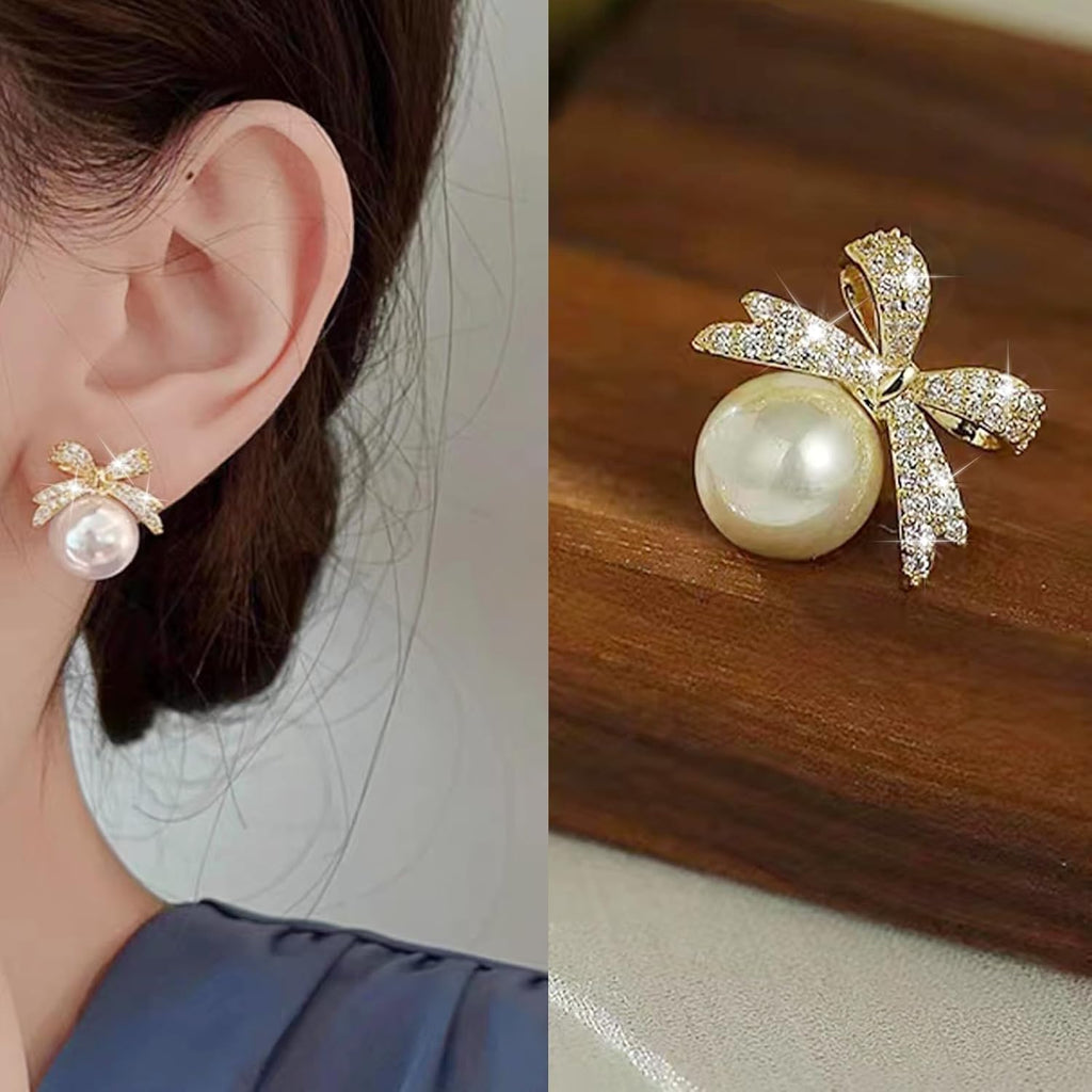 Christmas Earrings For Women Pearl Bow Earrings Xmas Jewelry Holiday Outfits Stocking Stuffers Christmas 2025 Holiday Accessories - 我的商店我的商店我的商店