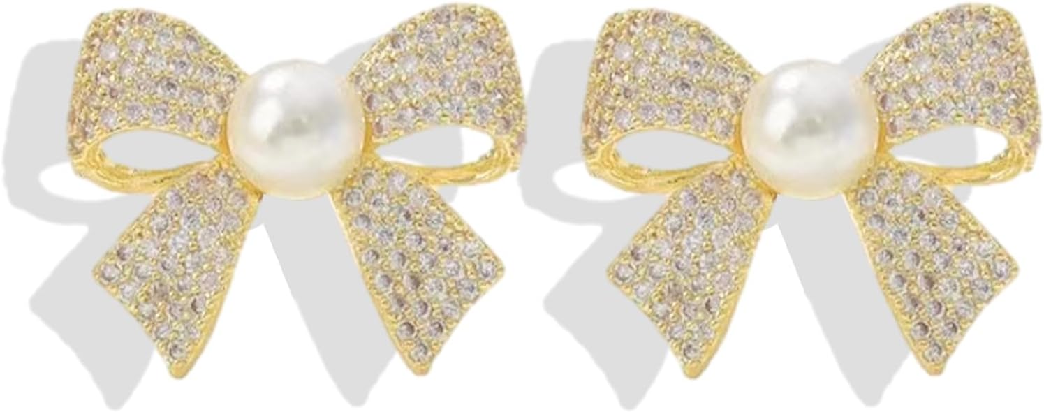 Christmas Earrings for Women Rhinestone Pearl Bow Earrings Holiday Jewelry Gifts Christmas Outfits for Women Decorations Gifts Stocking Stuffers - 我的商店我的商店我的商店