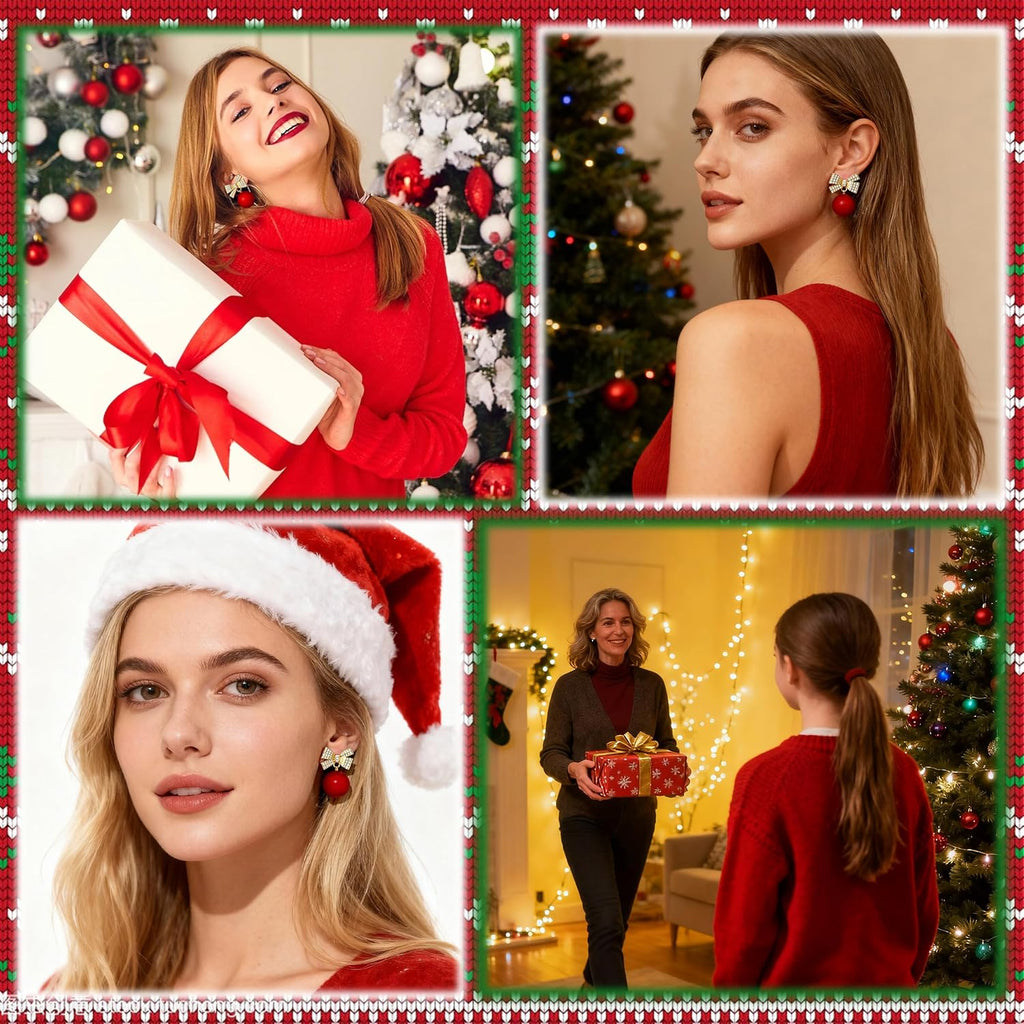 Christmas Earrings for Women Rhinestone Pearl Bow Earrings Holiday Jewelry Gifts Christmas Outfits for Women Decorations Gifts Stocking Stuffers - 我的商店我的商店我的商店