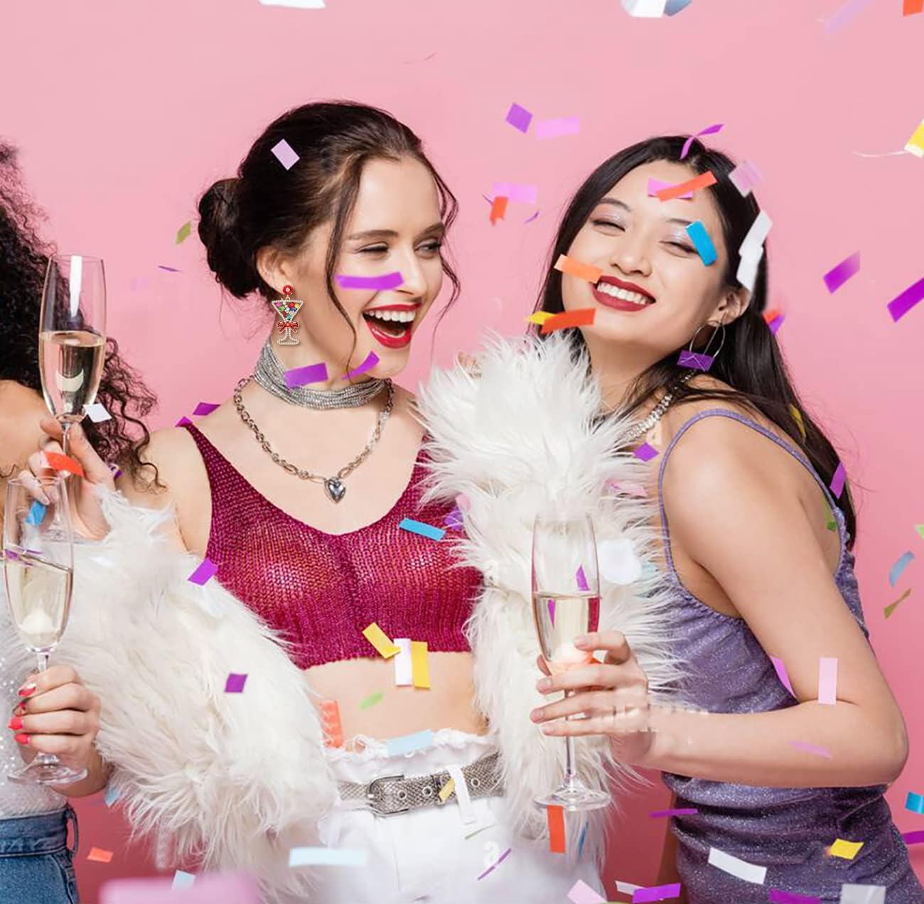 Christmas Earrings for Women Xmas Tree Champagne Wine Glass With Bow Snowflake Drop Earrings New year’s Earrings Festive Holiday Gifts - 我的商店我的商店我的商店