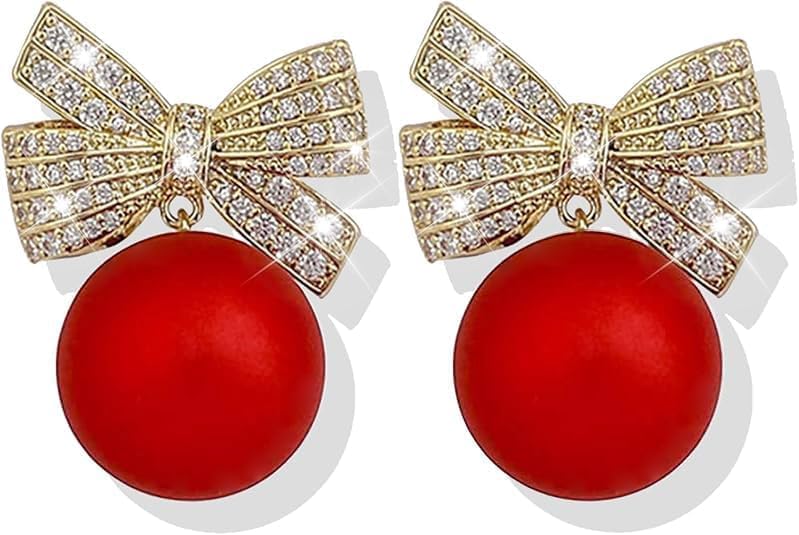 Christmas Earrings for Women Xmas Tree Earrings Rhinestone Bow Pearl Earings Holiday Gifts Christmas Outfits for Women Stocking Stuffers - 我的商店我的商店我的商店