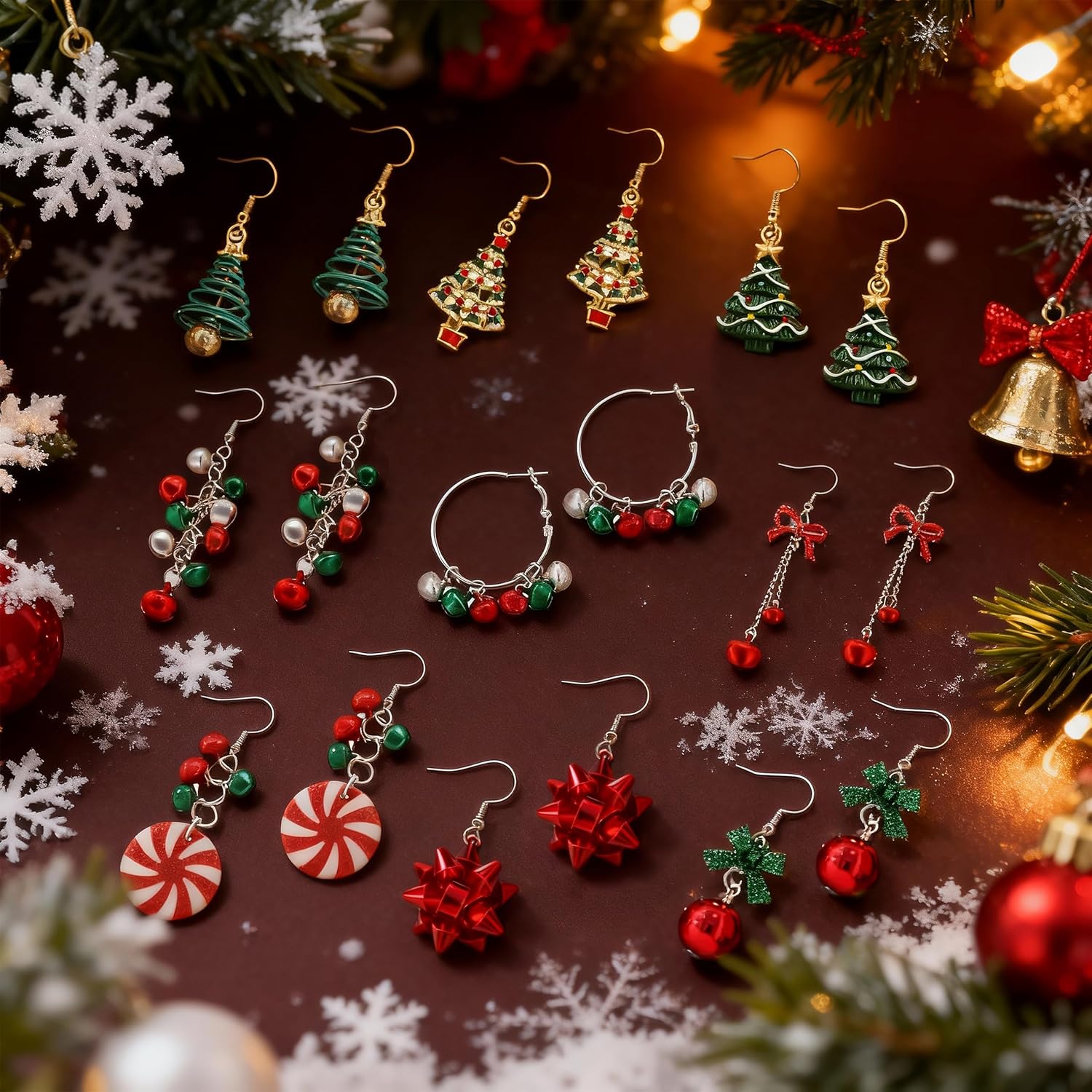 Christmas Earrings Gifts for Women 2025 Stocking Stuffers Holiday Gift Jewelry Bow Bell Tree Snowflake Dangle Earrings Set Christmas Decorations Outfits for Women White Elephant Gifts - QIAO Crystal我的商店QIAO Crystal