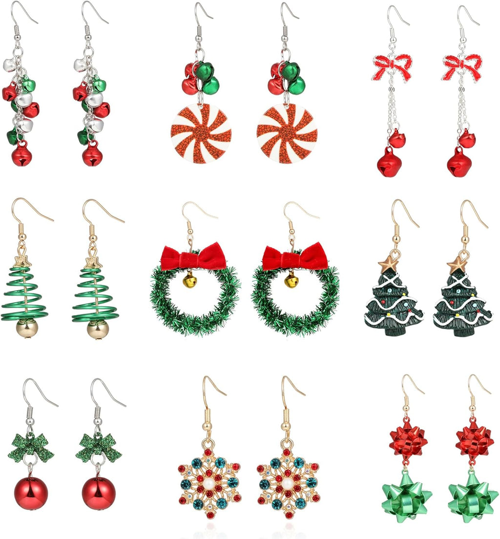Christmas Earrings Set for Women Chritmas Ornament Earrings Xmas Tree Jingle Bell Bow Snowflake Wreath Hook Dangle Earrings Holiday Festive Jewelry Gifts - 我的商店我的商店我的商店