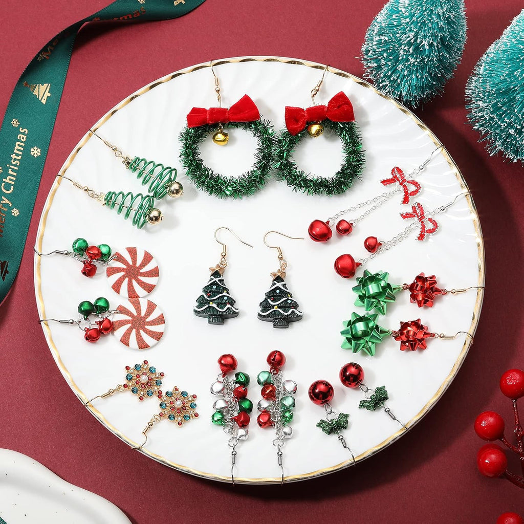 Christmas Earrings Set for Women Chritmas Ornament Earrings Xmas Tree Jingle Bell Bow Snowflake Wreath Hook Dangle Earrings Holiday Festive Jewelry Gifts - 我的商店我的商店我的商店