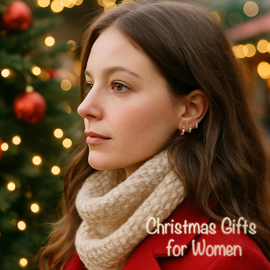 Christmas Earrings Small Gold Huggie Hoop Earrings Set for Women Men Hypoallergenic 14K Plated Stack Cartilage Earrings, Multiple Piercing Lightweight Mini Thin Cute Dainty Trendy Jewelry Set Christmas Gifts for Women - QIAO Crystal我的商店QIAO Crystal