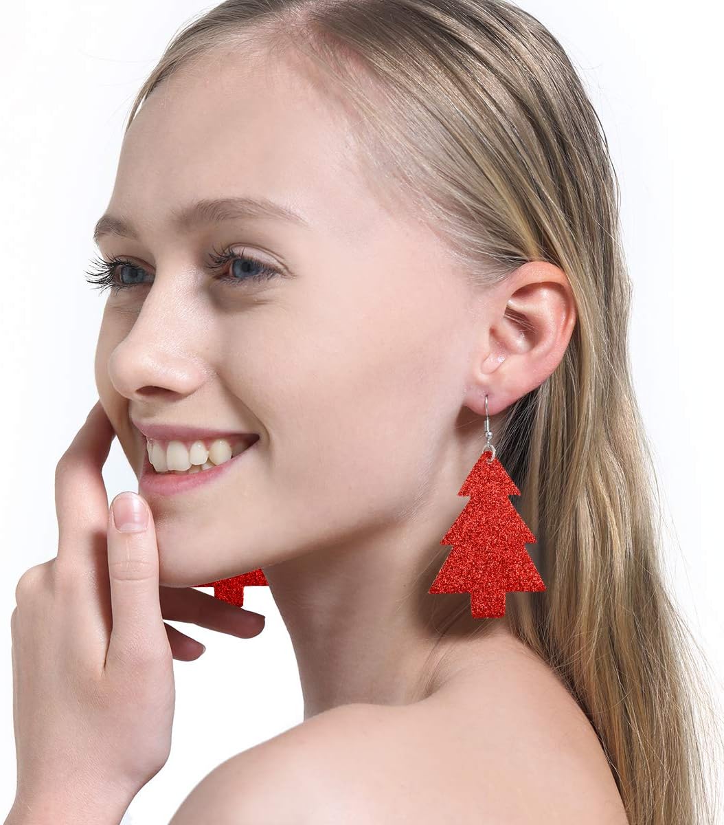 Christmas Faux Leather Earrings for Women Teardrop Dangle Earrings Plaid Petal Drop Earring Xmas Jewelry Accessory Gifts 16 Pairs - 我的商店我的商店我的商店