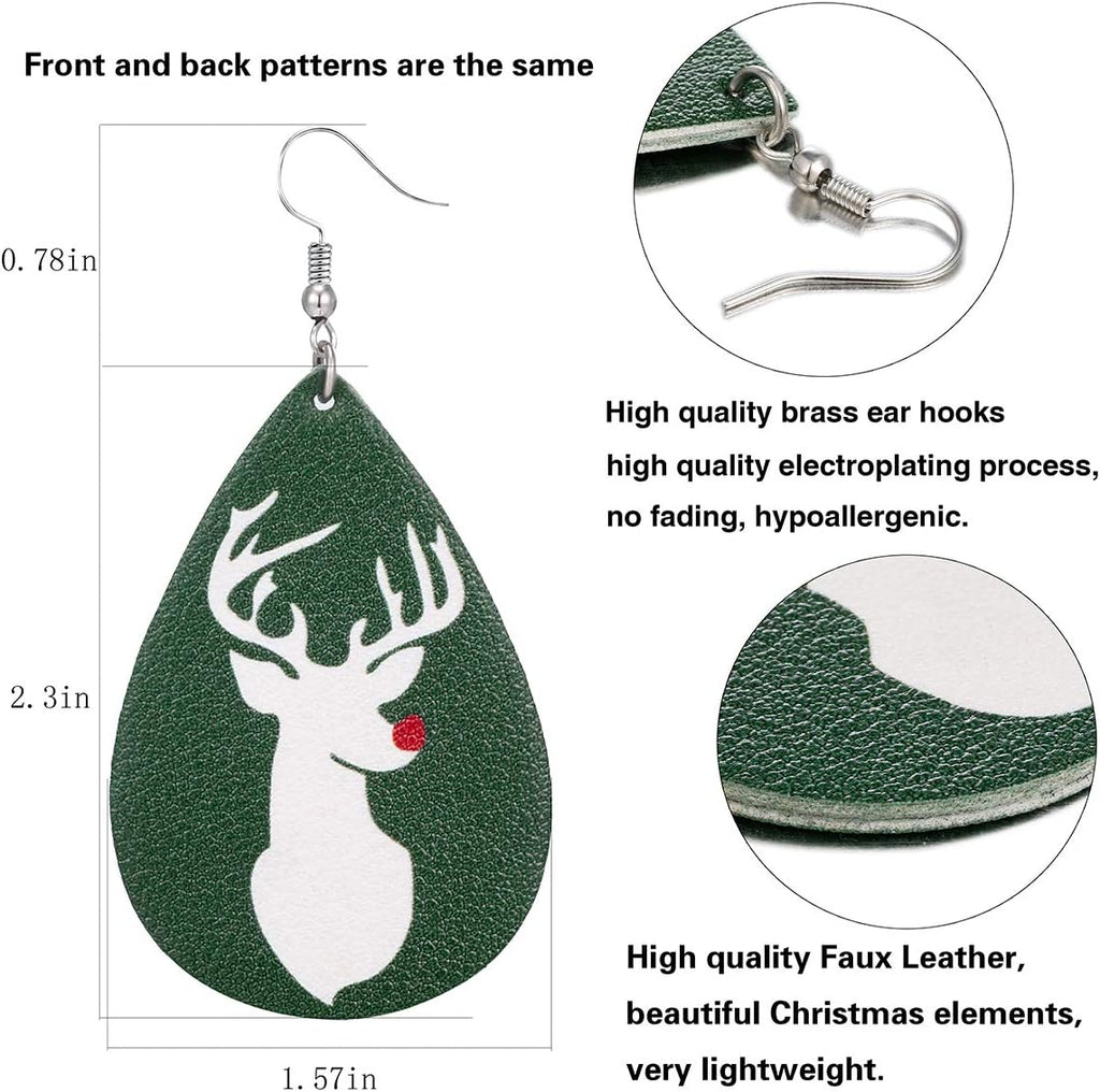 Christmas Faux Leather Earrings for Women Teardrop Dangle Earrings Plaid Petal Drop Earring Xmas Jewelry Accessory Gifts 16 Pairs - 我的商店我的商店我的商店