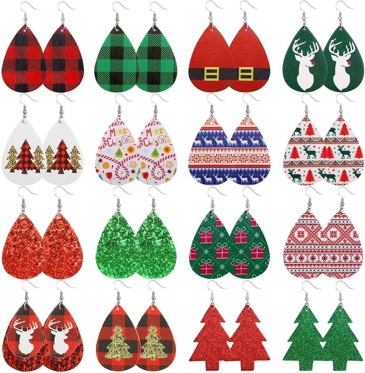 Christmas Faux Leather Earrings for Women Teardrop Dangle Earrings Plaid Petal Drop Earring Xmas Jewelry Accessory Gifts 16 Pairs - 我的商店我的商店我的商店