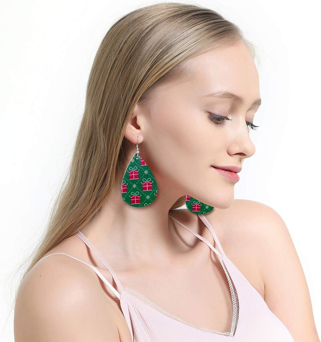 Christmas Faux Leather Earrings for Women Teardrop Dangle Earrings Plaid Petal Drop Earring Xmas Jewelry Accessory Gifts 16 Pairs - 我的商店我的商店我的商店
